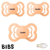 BIBS Supreme Sutter med navn str2, 3 Peach Sunset, Symmetrisk Silikone, Pakke med 3 sutter